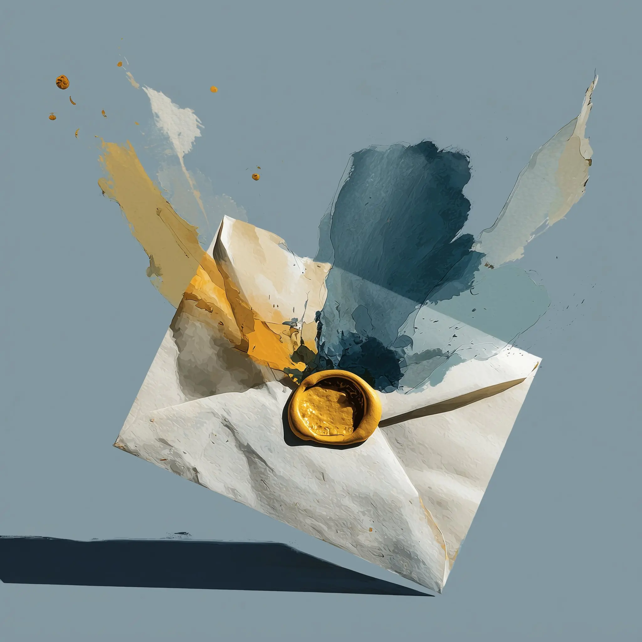 A sealed envelope with a gold wax seal, parchment and blue and gold watercolour behind it.