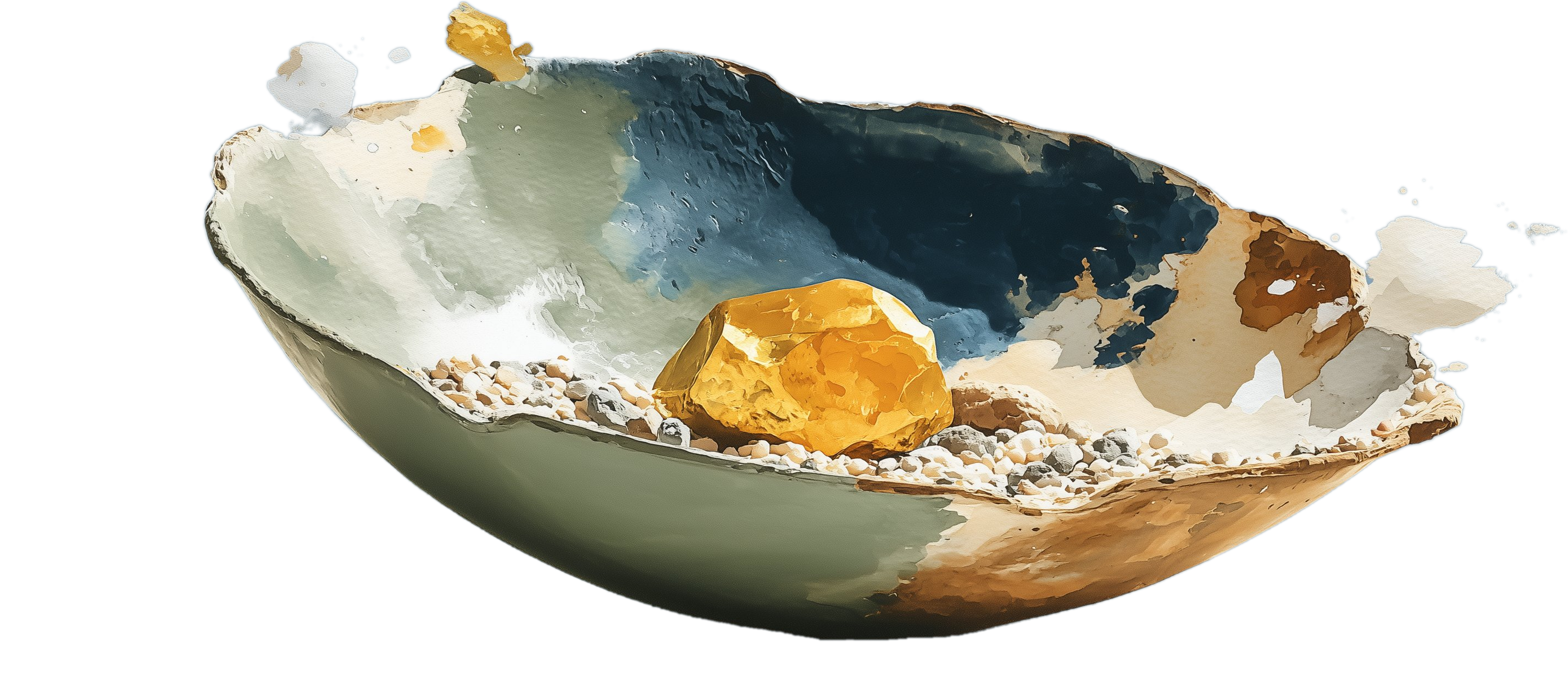 Watercolor prospector's pan holding a single rough-cut gold nugget