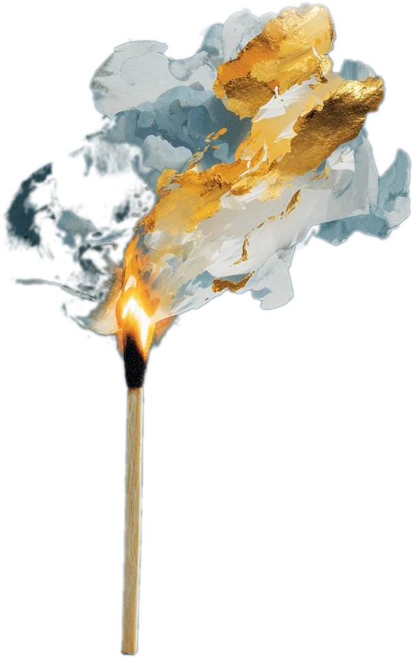 A struck match catching with a gold flame